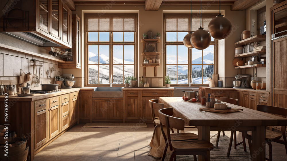 A kitchen with a wooden table and chairs. AI generative. Norway house