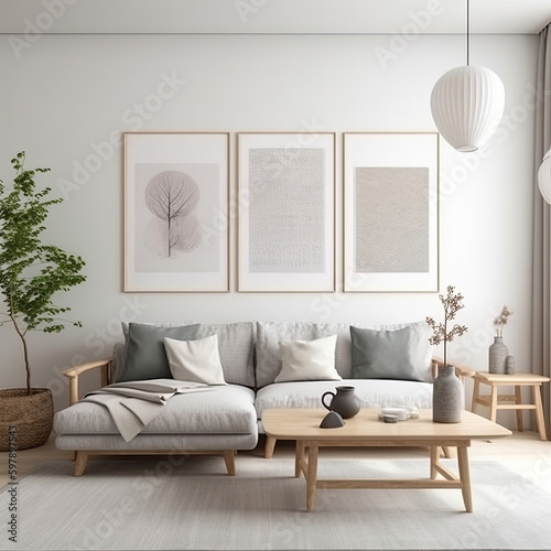 Frame mockup, cozy living room, modern nursery interior. Generative AI.