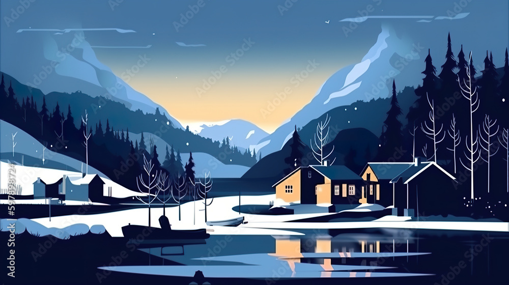 A painting of a snowy mountain scene with a lake. AI generative. Norway  winterscape Stock Illustration | Adobe Stock