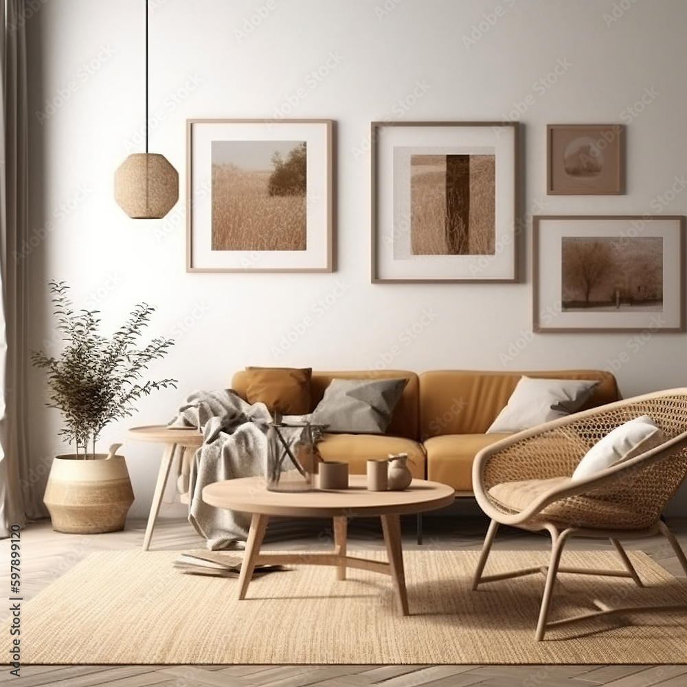 Frame mockup, cozy living room, modern nursery interior. Generative AI. Frame mockup, cozy living room, modern nursery interior. Generative AI.