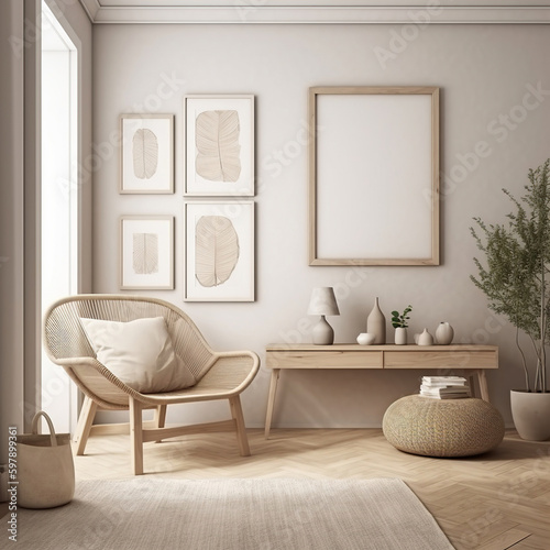 Frame mockup, cozy living room, modern nursery interior. Generative AI. © Absent Satu