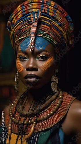 A woman wearing a colorful headdress and jewelry. AI generative. African queen
