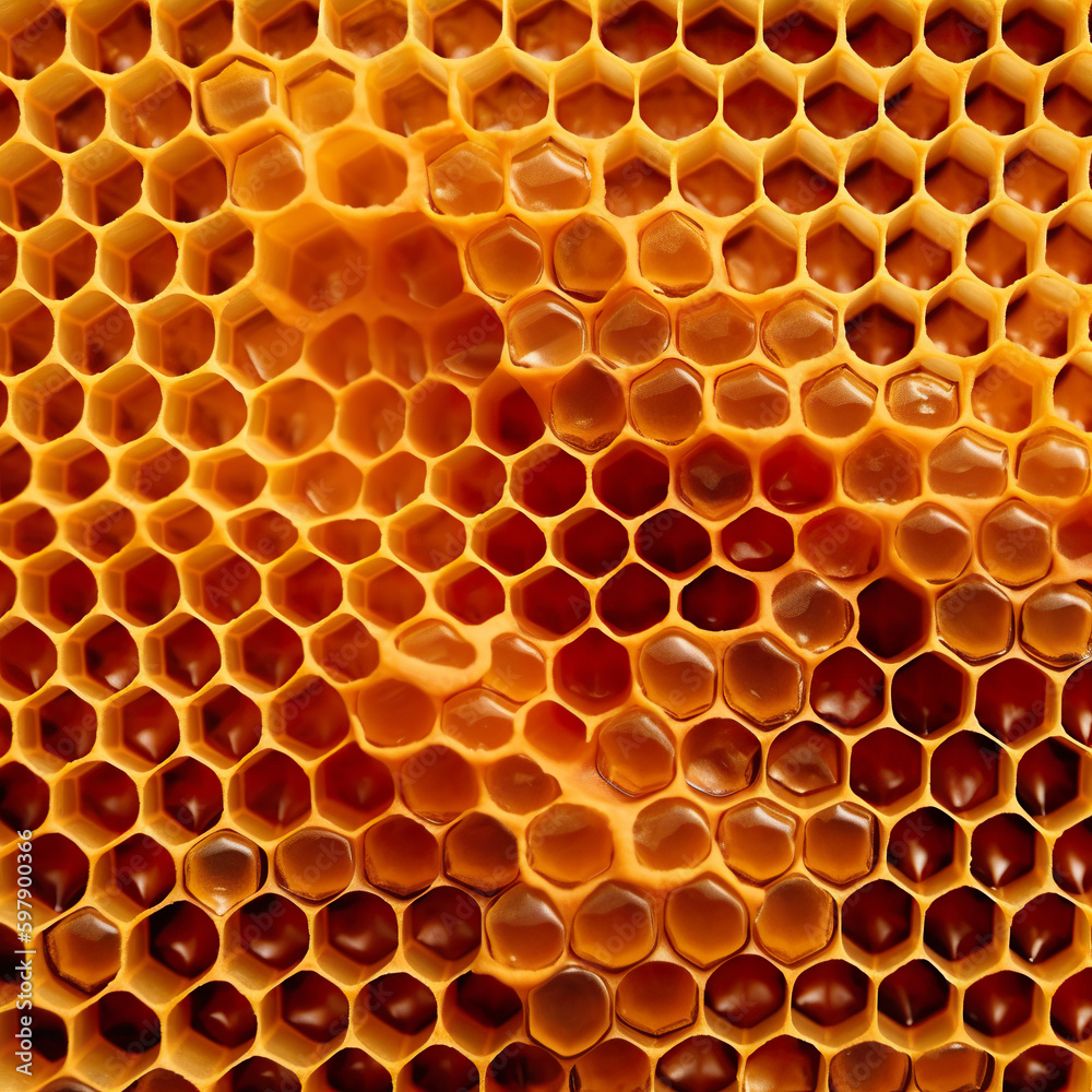 Full and empty sweet honeycomb as a texture. Juicy honeycomb macro shot. Bee honeycombs of geometric hexagonal shapes. 3D realistic illustration. Generative AI Full and empty sweet honeycomb as a texture. Juicy honeycomb macro shot. Bee honeycombs of geometric hexagonal shapes. 3D realistic illustration. Generative AI
