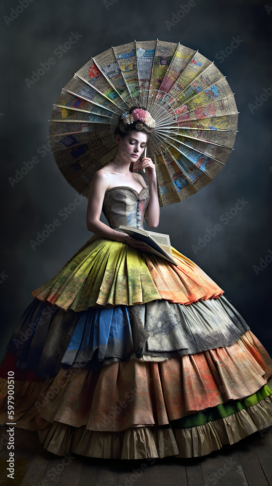 A woman in multicolored recycled plastic dress outfit, AI recycled costume  idea Stock Illustration