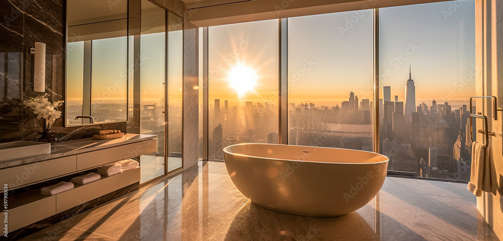 Ultra luxury modern interior of a penthouse condo bathroom in Manhattan NYC. Upscale beautiful decor with a golden skyscraper view (generative AI)