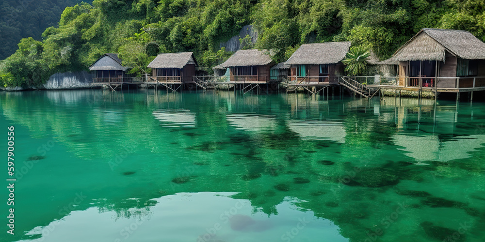 Over water bungalows with steps into amazing green lagoon. Hotel with many resorts and bungalows. Resort bungalows on water. 3D realistic illustration. Generative AI Over water bungalows with steps into amazing green lagoon. Hotel with many resorts and bungalows. Resort bungalows on water. 3D realistic illustration. Generative AI
