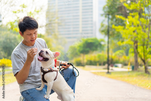 Happy Asian man playing and giving dog treat to his French bulldog at pets friendly park. Domestic dog with owner enjoy urban outdoor lifestyle travel city on summer vacation. Pet Humanization concept