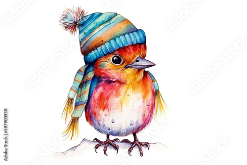 Cute bird in colorful scarf and winter hat, AI generative drawing on white background © tilialucida