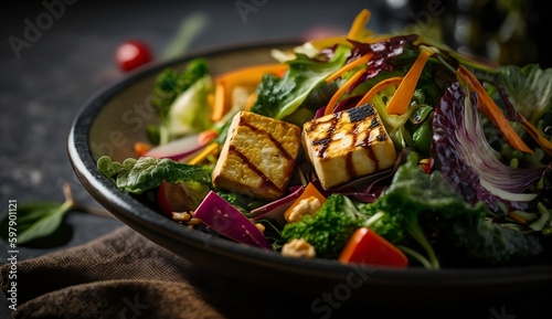A vegan salad with tofu and vegetables