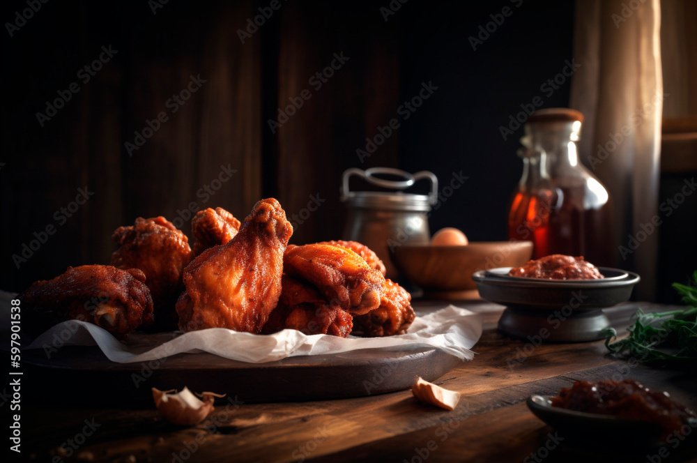 Portion of delicious crispy breaded fried chicken on rustic wooden table. AI generated