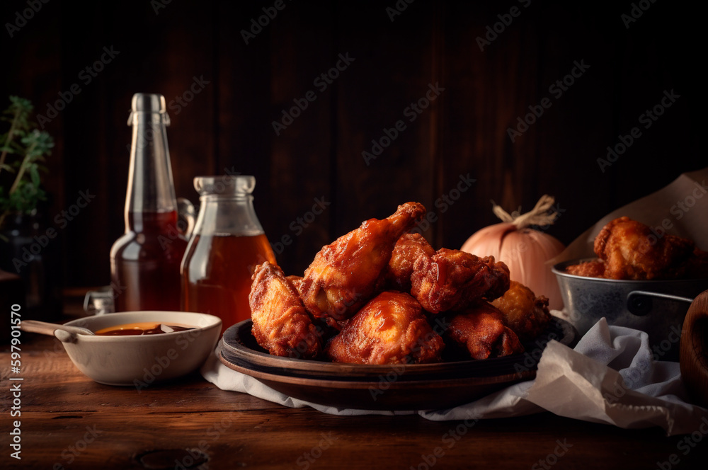 Portion of delicious crispy breaded fried chicken on rustic wooden table. AI generated