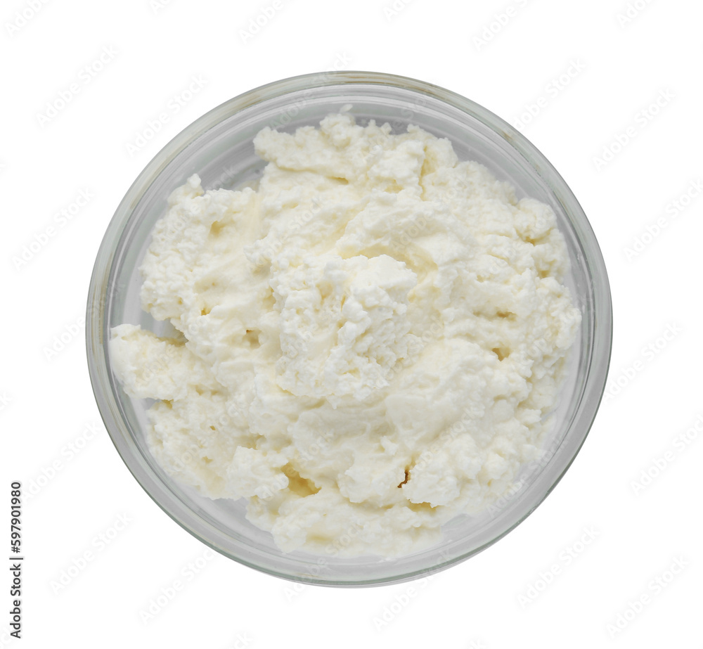 Delicious tofu cream cheese in bowl isolated on white, top view Delicious tofu cream cheese in bowl isolated on white, top view