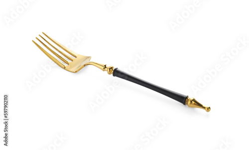 Fototapeta Naklejka Na Ścianę i Meble -  One shiny golden fork isolated on white