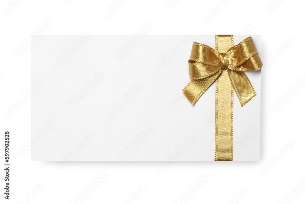 Blank gift card with golden bow isolated on white, top view Blank gift card with golden bow isolated on white, top view