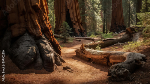 Sequoias forest in summer season. Huge tree trunks in sequoia national park. Beautiful view of sequoia trees. 3D realistic illustration. Generative AI