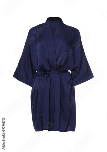 Dark blue silk bathrobe isolated on white