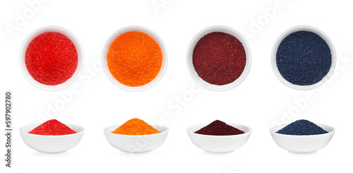 Collage of different powdered food coloring in bowls isolated on white, top and side views