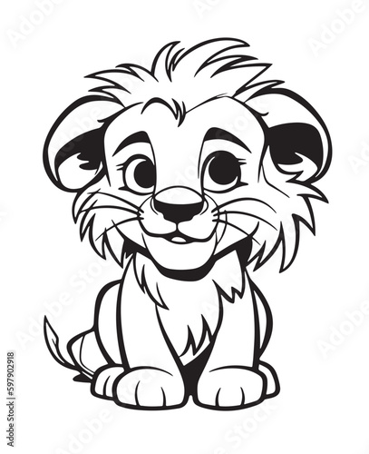 Hand drawn vector coloring page of  cartoonish lion pup. Coloring page for kids and adults. Print design, t-shirt design, tattoo design, mural art, line art. 
