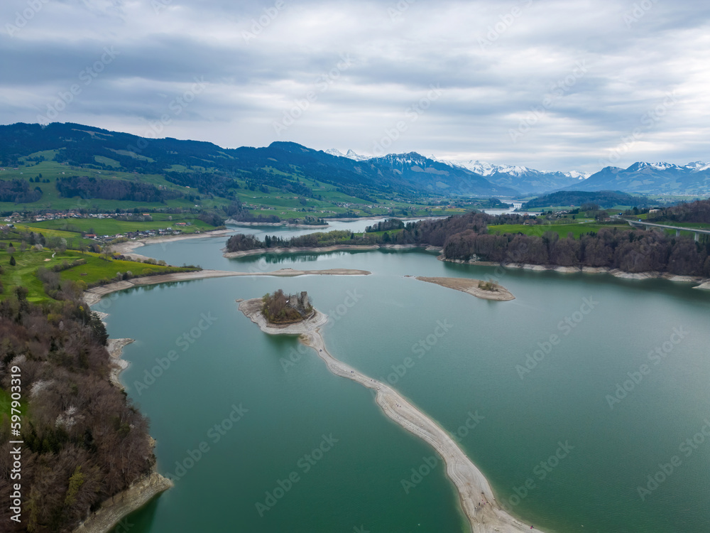 Beautiful Lake Gruyere in Switzerland from above - travel photography