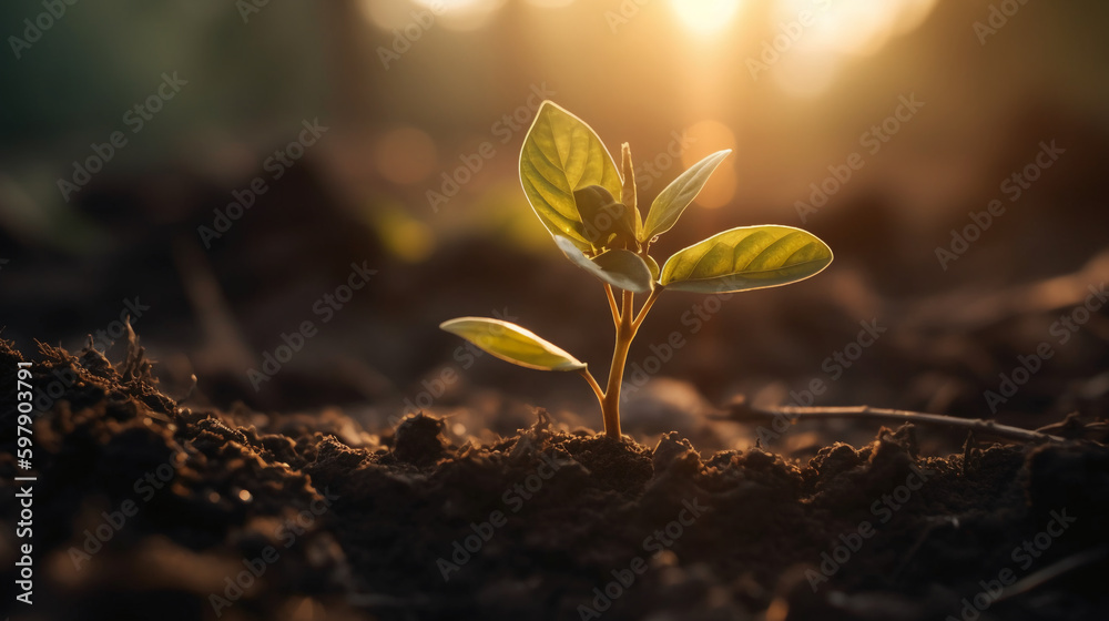 A young plant growing in sunlight. AI generative A young plant growing in sunlight. AI generative
