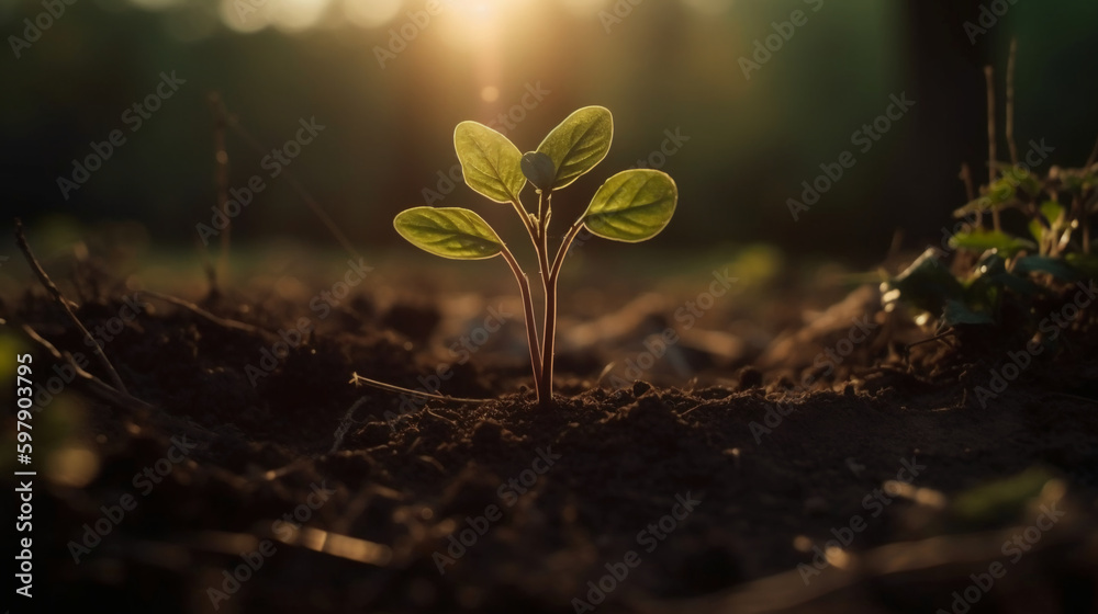 A young plant growing in sunlight. AI generative A young plant growing in sunlight. AI generative