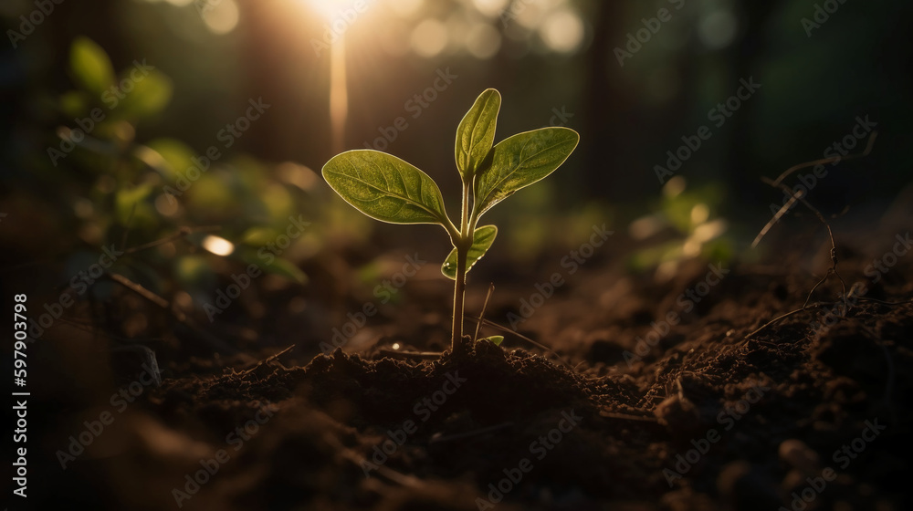 A young plant growing in sunlight. AI generative A young plant growing in sunlight. AI generative