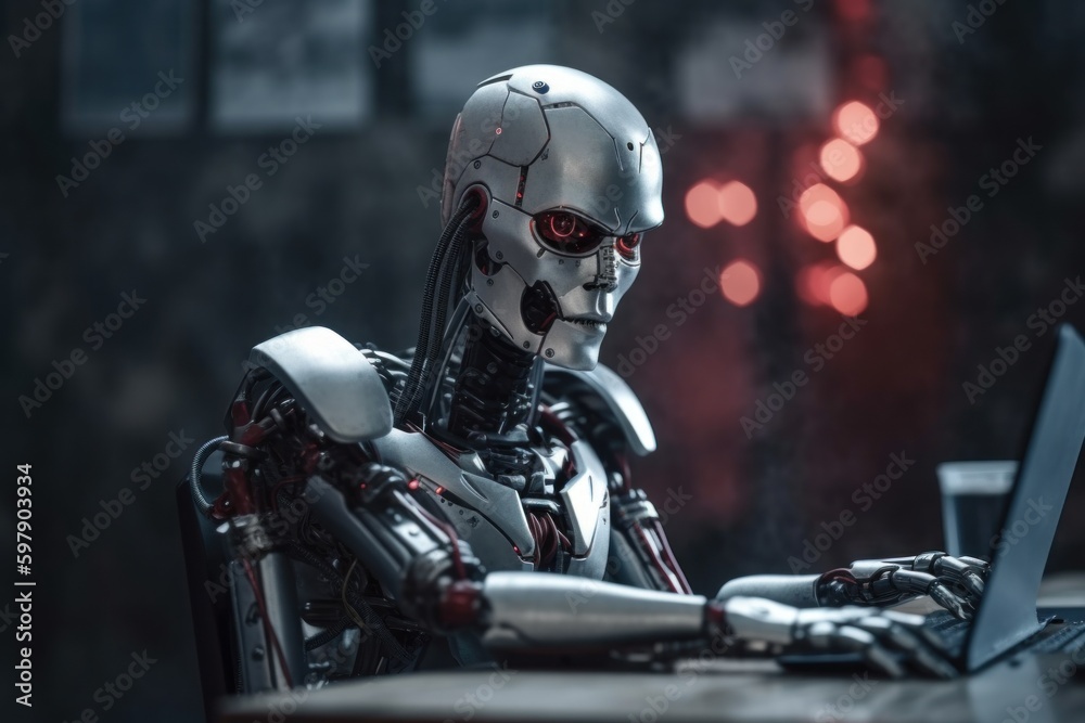 The robot works at the computer. The concept of the development of neural networks. AI generated, human enhanced The robot works at the computer. The concept of the development of neural networks. AI generated, human enhanced