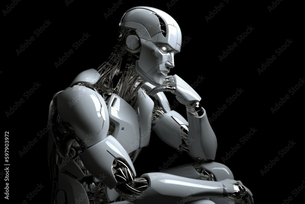 The cutting-edge white robot is deliberating on the best course of action. AI generated, human enhanced The cutting-edge white robot is deliberating on the best course of action. AI generated, human enhanced