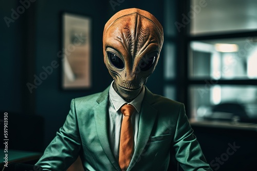 The alien works in the office. Background with selective focus. AI generated, human enhanced
