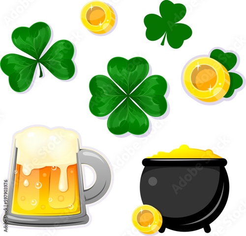 St. Patrick's day holiday icons set. Clover, a glass of beer and a cauldron of gold coins. Vector illustration.