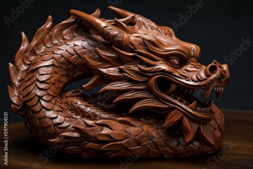 Dragon carved from mahogany wood. AI generated, human enhanced © top images