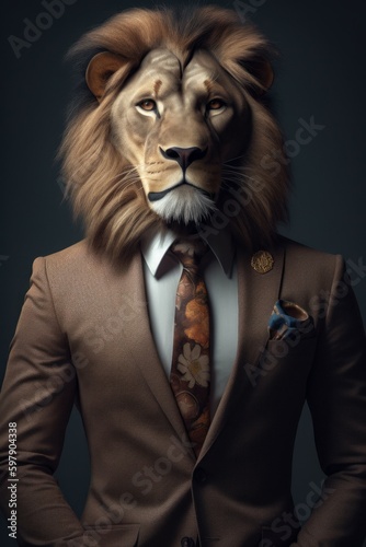 An anthropomorphic proud lion dressed in a business suit like a boss. AI generated  human enhanced