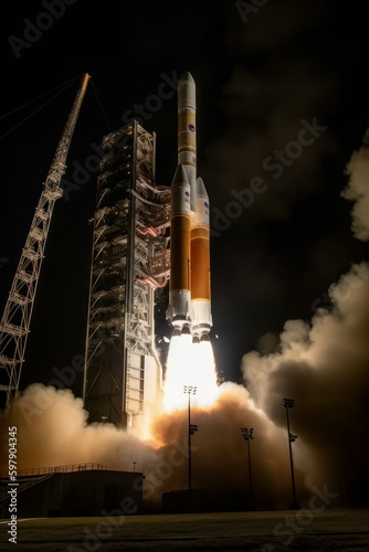 The rocket launches into space. Spaceship launch. AI generated, human enhanced