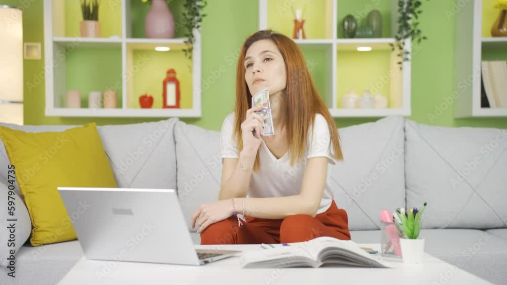 Thoughtful business woman considering investing. Thoughtful business woman considering investing.
