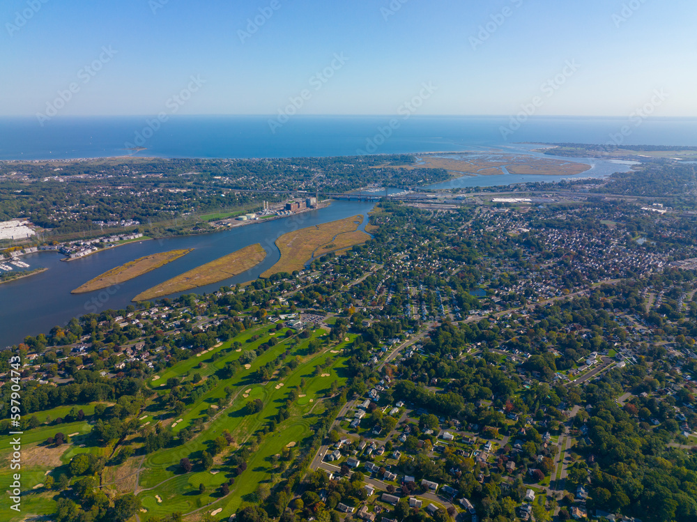 Stratford town landscape aerial view and Housatonic River mouth to the Atlantic Ocean in town of Stratford, Connecticut CT, USA. 