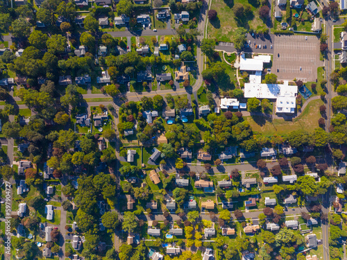 Historic residential houses aerial view in summer in town center of Stratford, Connecticut CT, USA.  photo