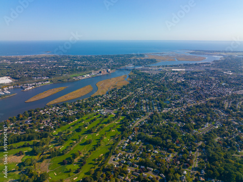 Stratford town landscape aerial view and Housatonic River mouth to the Atlantic Ocean in town of Stratford, Connecticut CT, USA.  photo