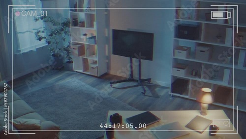 View from Surveillance Cameras. Two Robbers with a Flashlight Broke Into the House Looking for Jewelry and Money. Integration of Security Systems. AI Security. AI Surveillance Cameras