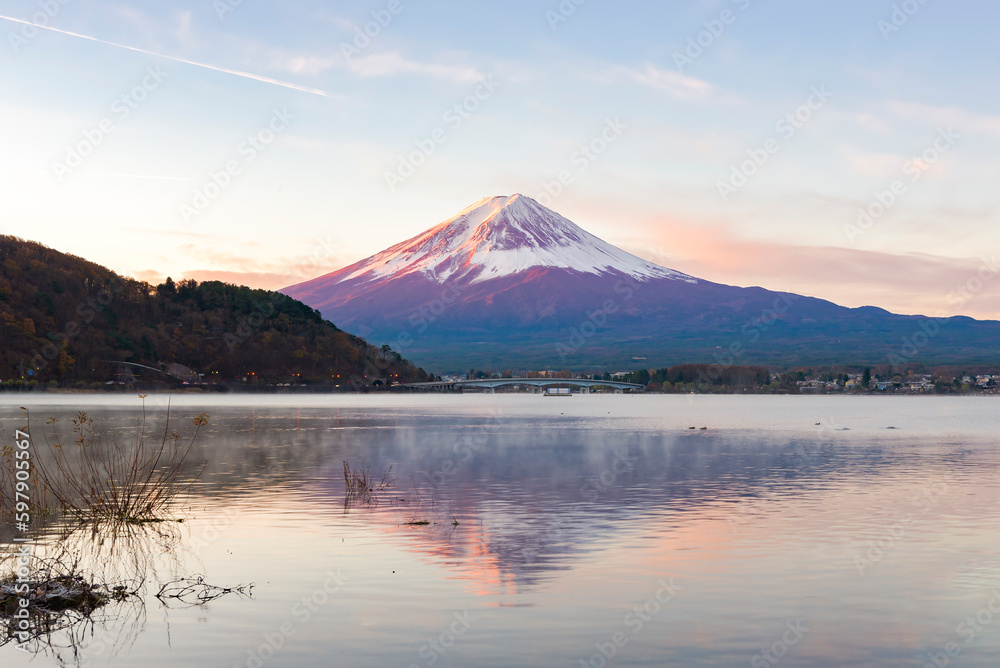 Fuji mountain and Morning Mist at Kawaguchiko Lake in Winter, Japan