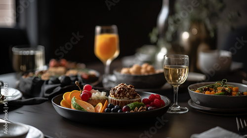 A table setting with wine and fruit salad