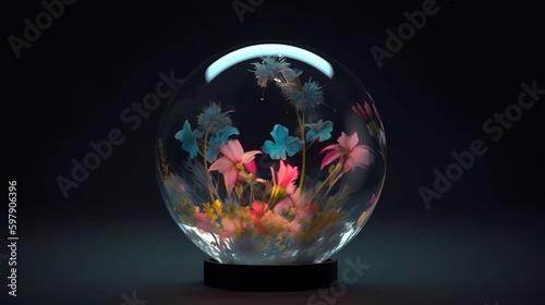 Beautiful crystal ball glass with flowers, white, pink, blue, ai generated