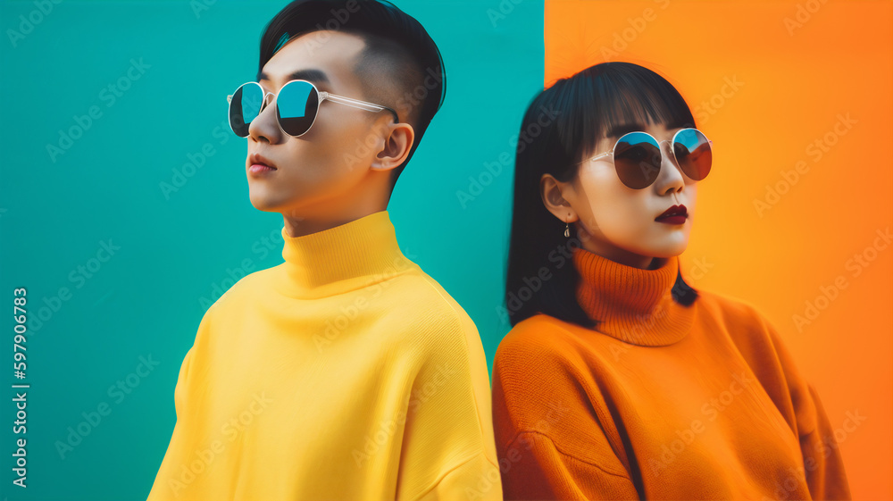 Throwback to the 90s: Fashion-Forward Caucasian Couple Rocks Retro Style with Bold Confidence Throwback to the 90s: Fashion-Forward Caucasian Couple Rocks Retro Style with Bold Confidence