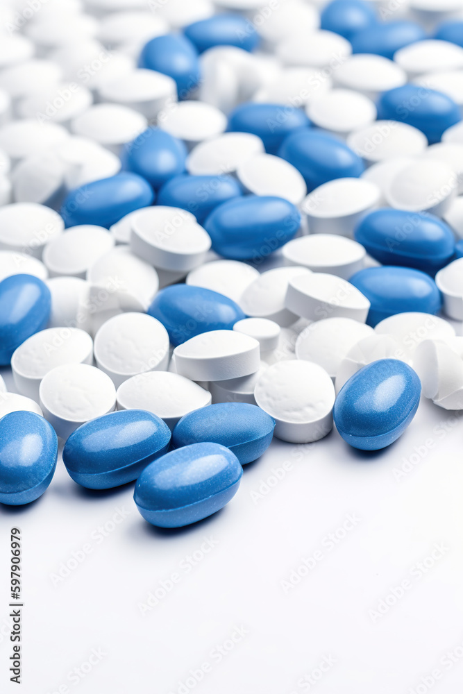 Pile of white-blue medical capsules. Scattered white and blue pills on white table. Blue white pills capsul on white background. 3D realistic illustration. Generative AI
