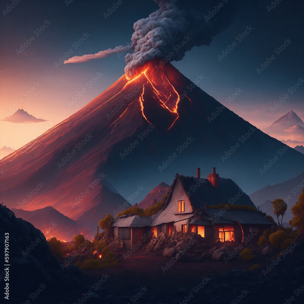 custom made wallpaper toronto digitala small village under the volcano eruption Created Using AI Technology