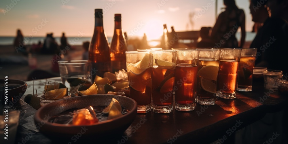 cold beer glasses and bottles close up, blurred beach party at the background at sunset, generative AI