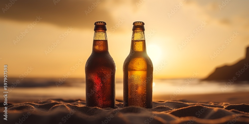 Fototapeta premium bottle of cold beer on the sand of the beach at sunset, alcoholic drink in sun backlight at a beautiful sunrise, generative AI