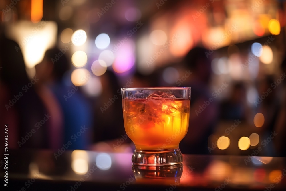 manhattan cocktail in a bar, close up of a drink with cherry, party blurred bar lights background, generative AI