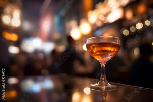 manhattan cocktail in a bar, close up of a drink with cherry, party blurred bar lights background, generative AI