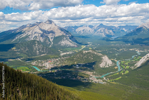 Banff city aerial landscape with Bow River and Rocky Mountains, Banff national park, Canada.