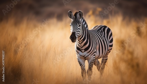 A zebra walking in a grassland ai  ai generative  illustration